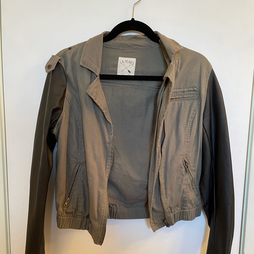 Army Green Utility Cloth Leather Jacket
